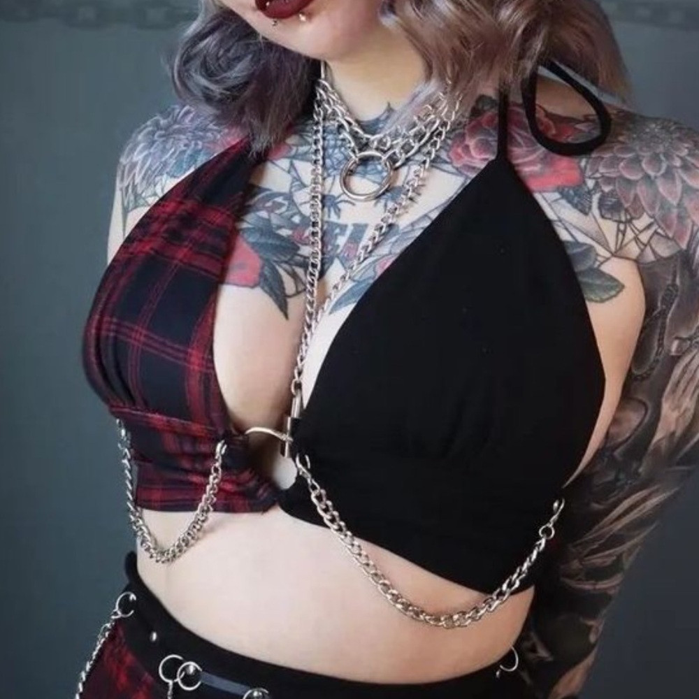 RARE FIREST INK Plaid and Black Halter Top with Chains Top only